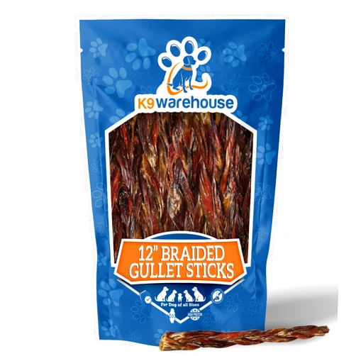 K9warehouse Braided Gullet Sticks for Dogs - 12 Inch - 100% All Natural Dog Braided Bully Sticks - Low Odor - Bully Braided Sticks for Dogs - Dog Chew Treats for Small, Medium and Large Dogs (2 Count)