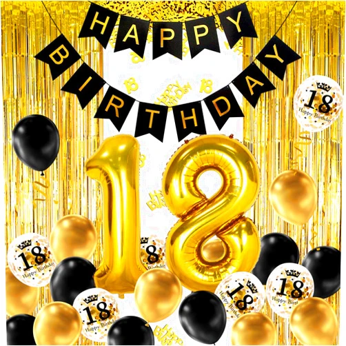 MOVINPE 18th Black Gold Birthday Party Decoration, Happy Birthday Banner, Jumbo Number 18 Foil Balloon, 2 Fringe Curtain, Latex Confetti Balloon, Table Confetti for Boy Girl Men Women Anniversary