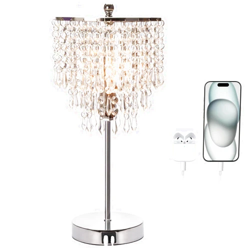 Seaside village Touch Control Crystal Table Lamp with USB C+A Charging Ports, 3-Way Dimmable Bedside Touch Lamp Decorative Nightstand Lamp with Elegant Lamp Shade for Living Room Bedroom, B11 LED Bulb Included