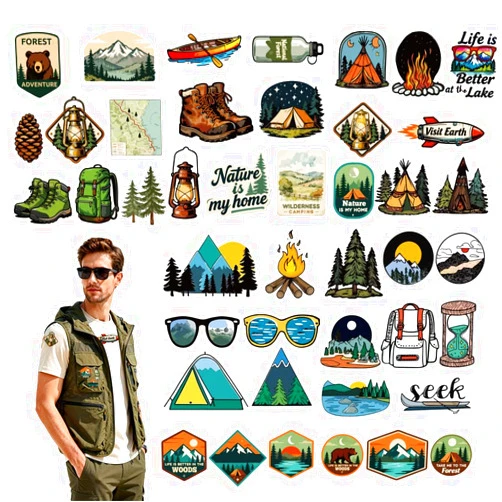 CRAFTYMELODY 6 Sets Camping Adventure Iron on Transfer Vintage Outdoor Scene Heat Transfer Vinyl Decal Ready to Press Applique for T-Shirts Bags Hats Jackets DIY Fabric Decor for Camping Enthusiasts