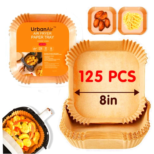 URBANAIR 8-Inch Square Air Fryer Paper Liners for Easy Cleanup - Non-Stick, Heat-Resistant, and Perfect Fit for Hassle-Free Cooking | Bleach-Free Parchment| (8 In/20cm 125pcs)