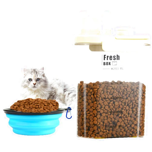 YAUVC Cat Food Storage Container - 2.5L Portable Pet Food Storage Container Airtight Dog Food Storage Container with Measuring Cup, Cat Food Bowl Hidden Hand Food Container for Dogs & Cats-Creme