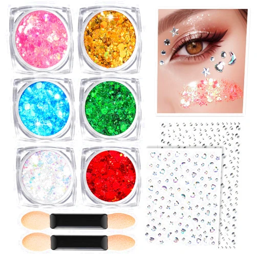 Teenitor Body Glitter Face Glitter Hair Glitter Gel, 6 Colors Body Glitter for Women, Self Adhesive Face Gems Face Rhinestones for Festivals Concerts Rave Glitter