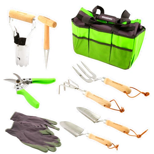 WORKPRO W005009WE 9 Piece Garden Tool Set – Heavy-Duty Stainless Steel, Includes Storage Tote Bag, Gardening Gloves and 7 Hand Tools (1 Kit)