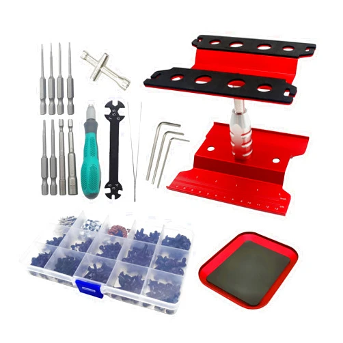 HienoLelu RC Stand Repair Workstation 360 Degree Rotation Lift Lower and 523pcs RC Screws Kit & Screwdrivers Set for 1/8 1/10 1/12 1/16 1/18 Scale Traxxas Arrma Redcat HSP Axial RC Cars Trucks Buggy (Red)