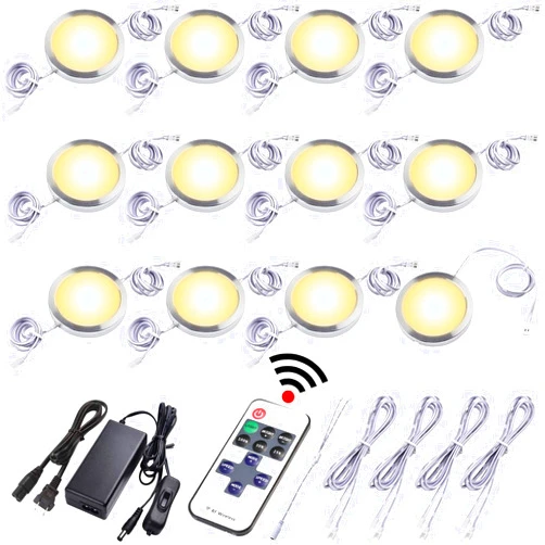 Lvyinyin Slim Under Cabinet LED Puck Lights, 110V Wired Ambiance Lighting, Plug-in & Direct Hardwired, Daisy Chained linkable, Wireless RF Remote Dimmable, White Cables, Warm White, 12 Lights