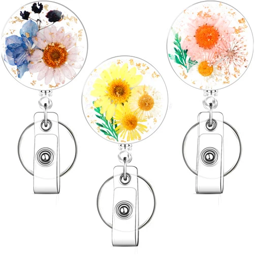 HLQHXWHZT 3 Pcs Flower Badge Reel Convenient Badge Reels Retractable with Key Ring Nurse Badge Holder Dried Floral Resin ID Badge Clip for Teacher Nurse Doctor Worker (Round)
