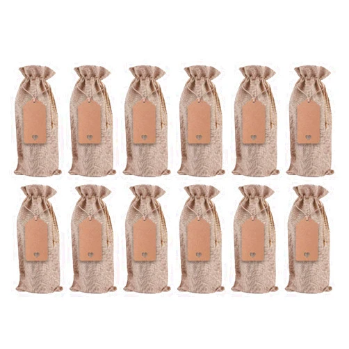 Tinkenken Burlap Wine Bags Wine Gift Bags 12 Pack Reusable Wine Bottle Covers with Gift Tags Drawstrings Ropes for Blind Wine Christmas Wedding Birthday Home Storage (Wood color)