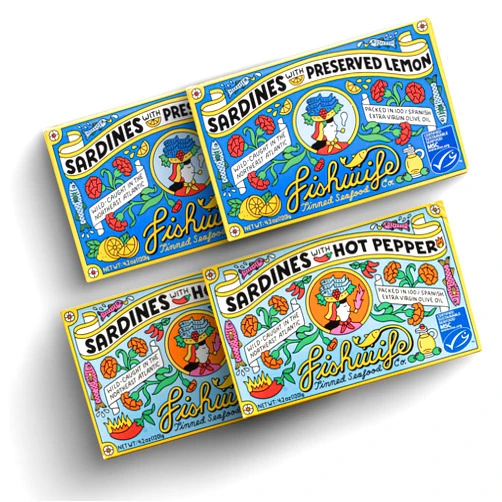 Fishwife Sardine Quad 4-Pack (2x Sardines with Lemon, 2x Sardines with Hot Pepper) | Wild-Caught & Hand-Packed with Spanish Extra Virgin Olive Oil | MSC-Certified Sustainable Seafood, High Protein, Gluten Free, Paleo Friendly, Keto Friendly
