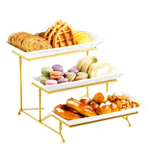 LAUCHUH 3 Tier Serving Stand Porcelain Serving Platter Tier Serving Trays with Collapsible Sturdier Rack, Serving Dishes and Platters for Father's Day, Christmas, Entertaining, Gold, 12 Inch