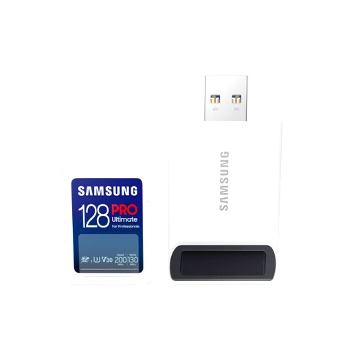 SAMSUNG PRO Ultimate Full Size Memory Card+USBReader, 128GB SDXC, Up to 200 MB/s, 4K UHD, UHS-I, C10, U3, V30, A2 for DSLR, Mirrorless Cameras, PCs, MB-SY128SB/AM