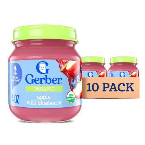Gerber Stage 2 Baby Food, Organic Apple Wild Blueberry Jar, Fruit Puree, Vitamin C, Non-GMO, Baby Food Fruit, Puree Jars Glass, 10-pack