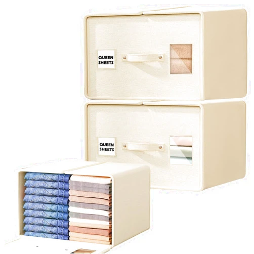 AXLORP Bed Sheet Organizers and Storage, 2 King Pack Large bed sheet organizers With Leather Handle, Foldable Sheet Organizer for Linen Closet, Bedding Storage Box for Bedsheets,Duvet Covers and Pillow