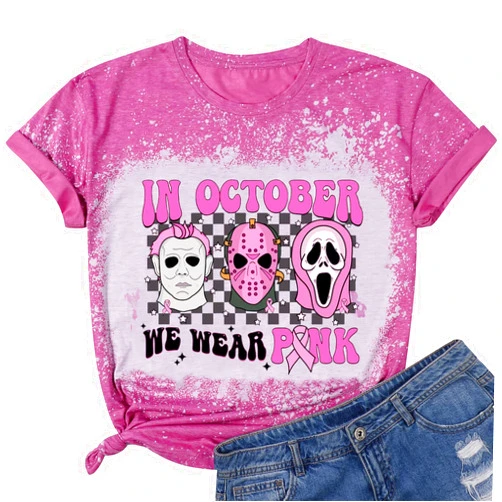 OJLPHH Breast Cancer Shirts Women Halloween Shirt Pink Ribbon Breast Cancer Awareness T-Shirts Novelty Graphic Short Sleeve Tops