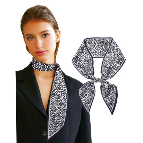 AWAYTR Long Silk Feel Scarf Women Hair Scarf Satin Neck Scarf Tie Bandana Headband Scarf Edge Wrap Head Scarf Purse Handbags (Leopard Black)
