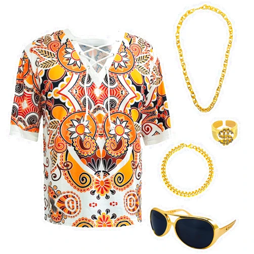 MRYUWB Hippie Men 70s and 80s Disco Clothing Shirts Beach Drawstring Printed Short Sleeves 5-Piece Disco Theme Party