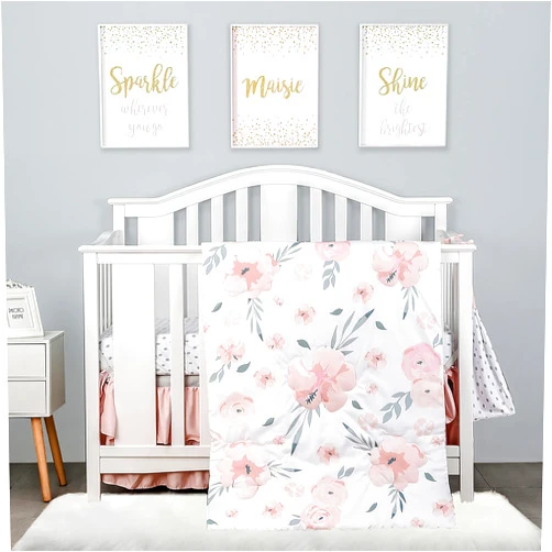 PINNKKU 4-Piece Crib Bedding Set for Boy Girls, Includes Crib Skirt, Blanket, Crib Sheet & Diaper Bag, Crib Baby Bedding, Floral, Standard Crib Size