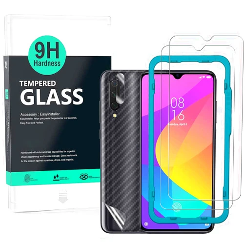 Ibywind Screen Protector For Xiaomi Mi 9 Lite/CC9,with 2Pcs Tempered Glass,1Pc Camera Lens Protector,1Pc Backing Carbon Fiber Film [Fingerprint Reader,Easy to install]