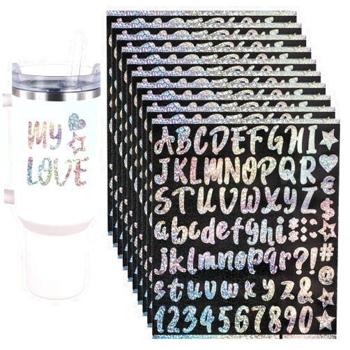 PEUTIER 10 Sheets Vinyl Letters Stickers, Vinyl Alphabet Stickers Adhesive Letter & Number Stickers Scrapbook Letters Waterproof Glitter Letter Stickers for Crafts to Decorate Your Cups