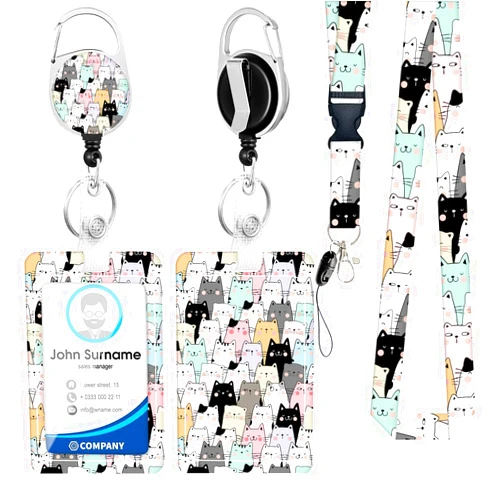 Suogkeale Pastel Cat Lanyard with Id Holder, Retractable Lanyards for Id Badges for Women Cute, Heavy Duty Carabiner Clip, Vertical Id Badge Holder with Lanyard Breakaway for Teacher Student Nurse Office Staff