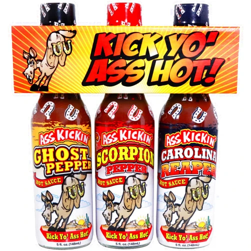 ASS KICKIN' Kick Yo' As Hot Sauce Bottles Gift Set - Ghost Pepper, Scorpion and Carolina Reaper Hot Sauces - Try if you dare! – Perfect Stocking Stuffers or Christmas Gifts for the Hot Sauce Fan