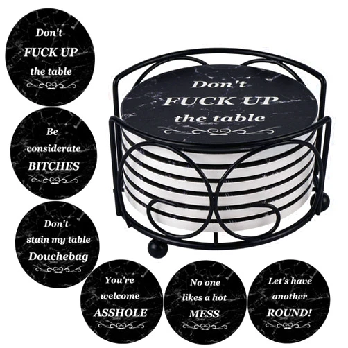 Adorever Coasters for Drinks, Funny Drink Coasters Absorbent with Holder 6 Pcs Absorbing Stone Funny Coaster Gift Set Housewarming Gift New Home Apartment Kitchen House Decor Gift for Women Men