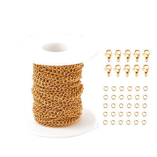 PH PandaHall Pandahall 32.8 Feet Golden Stainless Steel Cable Chain Link Kits 4x3x0.6mm Soldered with 10Pcs Lobster Claw Clasps and 30Pcs Jumprings for DIY Bracelet Necklace Jewelry Making