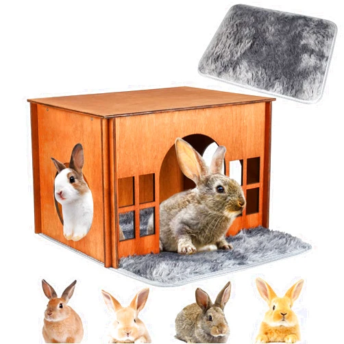 WHEARTED Rabbit House Wooden, Rabbit Houses and Hideouts WHEARTED, Large Rabbit Hideout Bunny House with Multiple Windows for Indoor Adult Bunnies Guinea Pigs Chinchilla Habitat - Brown