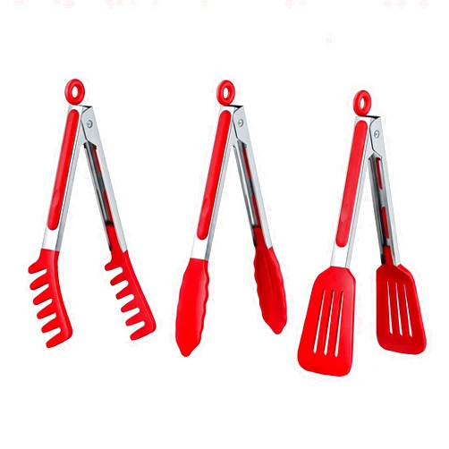 H S T HST 3 Pack Kitchen Tongs, Non Stick Stainless Steel 9 Inch Tongs With Silicone Tip for Cooking BBQ Baking(Red)