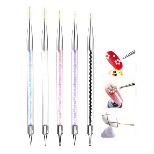 BlingKingdom 5pcs Thin Nail Art Liner Brushes French Tip Brush Manicure Drill Drawing Nail Brush Pen Double Ended Dotting Tools Set Nail Dotting Pull Line Painting Drawing Pen For DIY Nail Art Designs