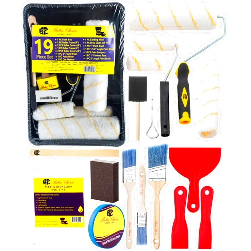 Bates Choice Bates- Paint Roller Kit, 19 pcs, Roller Set with Microfiber Sleeves & Frame, Tray, Angled Brush & Foam Brush, Paint Scrapers and More for Walls, Cabinets, Interior, Exterior, House Painting Supplies