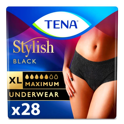 Tena Stylish Black Incontinence Bladder Control Underwear for Women, Maximum Absorbency, XLarge, 28 ct (2 Packs of 14)