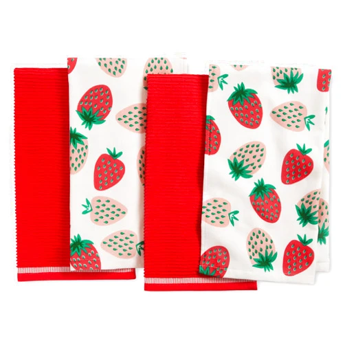 Sur La Table Kitchen Essentials Quirky Strawberries Fruit Kitchen Towel 4-Pack Set, Absorbent 100% Cotton, Pink/Green/Cream, 16