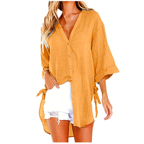 Ceboyel Womens Linen Button Down Shirts Collared 3/4 Sleeve Blouses Loose Fit Tops Trendy Casual Ladies Summer Outfits 2023