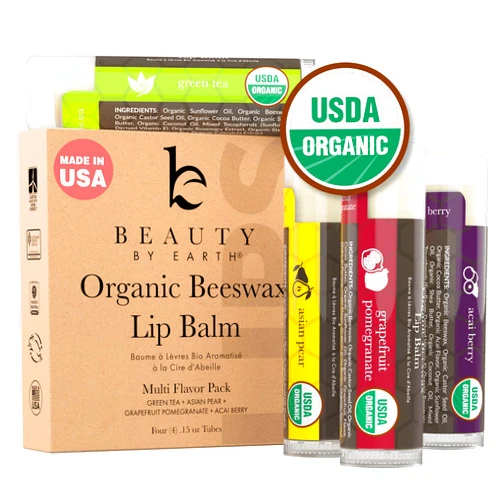 Beauty by Earth Organic Lip Balm Multi Flavor - 4 Pack Organic Gifts for Women, All Natural Lip Balm, Gift Set for Women, Lip Balm Hydrating Beauty Gifts, Small Birthday Gifts, Lip Moisturizer, Chapstick, Lip Care