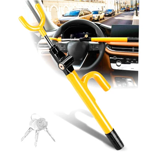 Tevlaphee Steering Wheel Lock Anti-Theft Device Security Car Lock Anti Theft Car Device Visible Car Steering Wheel Lock Antitheft Locking Devices Adjustable Car Wheel Lock for Car with 3 Keys (Yellow)