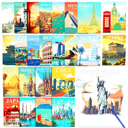 ZOIIWA 24 Pcs Dementia Products for Elderly Reusable Water Painting Toys World Travel Dementia Activities for Adults Landscape Senior Dementia Water Doodle Coloring Set Landmarks Painting Brush Drawing Gifts