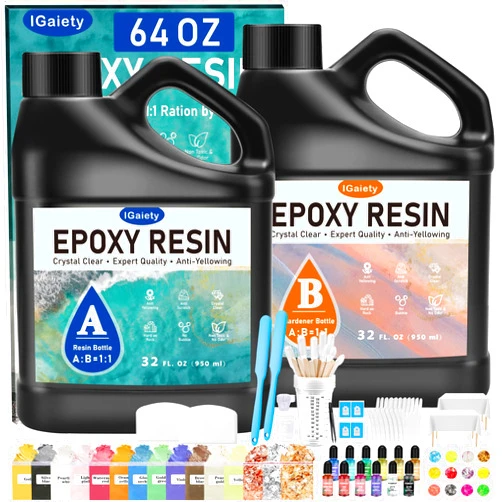 IGaiety Epoxy Resin, 64 OZ Epoxy Resin Kit, Fast Curing Clear Casting and Coating Epoxy Kit No Yellowing High Gloss Craft Resin for Wood Table Top, DIY Art Crafts (32 OZ+32 OZ)