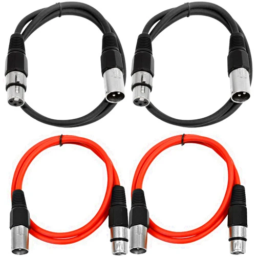 Seismic Audio - SAXLX-2-4 Pack of 2' XLR Male to XLR Female Patch Cables - Balanced - 2 Foot Patch Cord - Black and Red