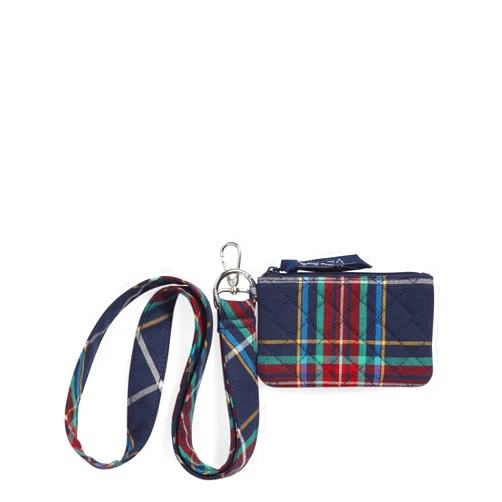 Vera Bradley Women's Cotton Zip ID Case and Wide Lanyard Combo, Tartan Plaid - Recycled Cotton, One Size