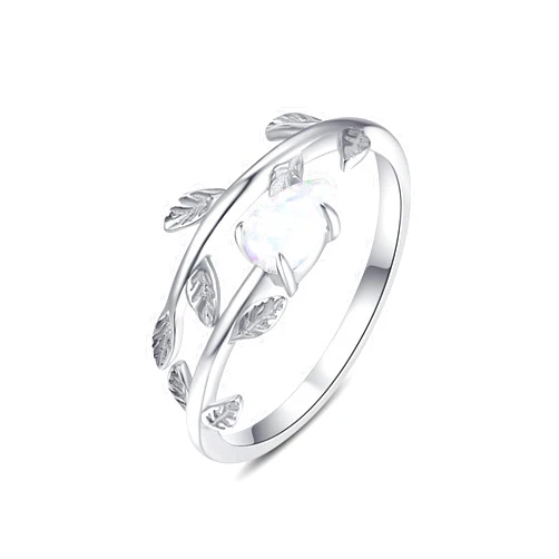PRAYMOS 925 Sterling Silver Leaf Ring White Opal Moonstone Rings Adjustable Open Ring for Women with Jewelry Box Size 7-9