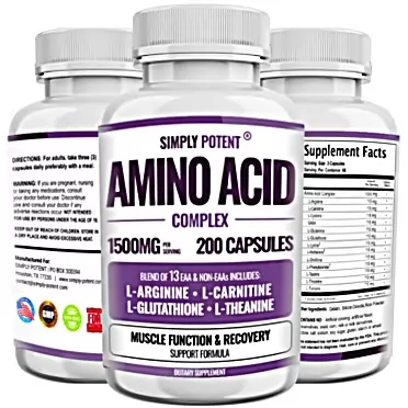Simply Potent Amino Acid Complex with Blend of 13 Essential and Non-Essential Amino Acids Including Glutathione, L-Arginine, L-Carnitine, L-Glutamine, L-Theanine, GABA for Muscle Growth & Recovery 200 Capsules
