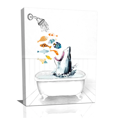 UIAMT Shark Bathroom Wall Art Ocean Shark Pictures Wall Decor Fish Shark Bathtub Canvas Painting Home Decoration Artwork for Bathroom Signs Framed Ready To Hang Framed 12