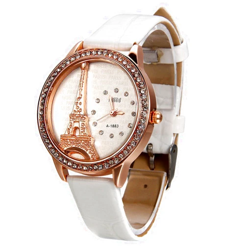 JewelryWe Bling Rhinestone Accented Eiffel Tower Pink Leather Watch Ladies Women Watches for Christmas