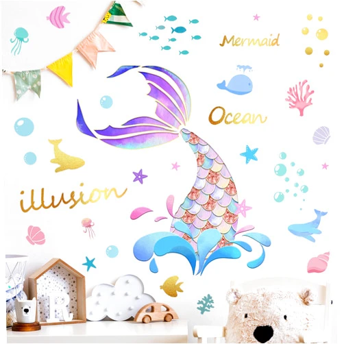 Buiory Mermaid Wall Decorations Mermaid Wall Decals Under The Sea Wall Stickers for Mermaid Party Decorations Baby Girls Kids Nursery Classroom Bedroom Living Room Home Mural Art