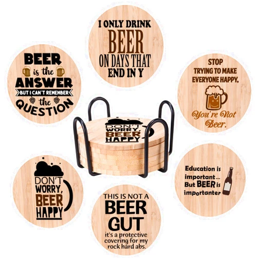 LIAODUNUS Funny Sayings 100% Natural Bamboo Beer Coasters 6-Pack Set Bamboo with Iron Hold Drink Coaster Gift for Housewarming Beer Words, Bar Dining Table Protecter
