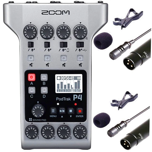 Teds Electronics Zoom PodTrak P4 Portable Multitrack Podcast Recorder with 2x Vidpro Professional Wired XLR Lavalier Microphone XM-L2 for Pro Audio Equipment with XLR Input