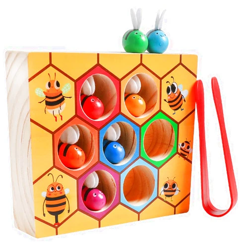 Skrtuan Toddler Fine Motor Skill Toy, Clamp Bee to Hive Matching Game, Montessori Wooden Bee Hive Toys, Wood Color Sorting Puzzle Early Learning Preschool Educational Gift for 2 3 4 Years Old Kids