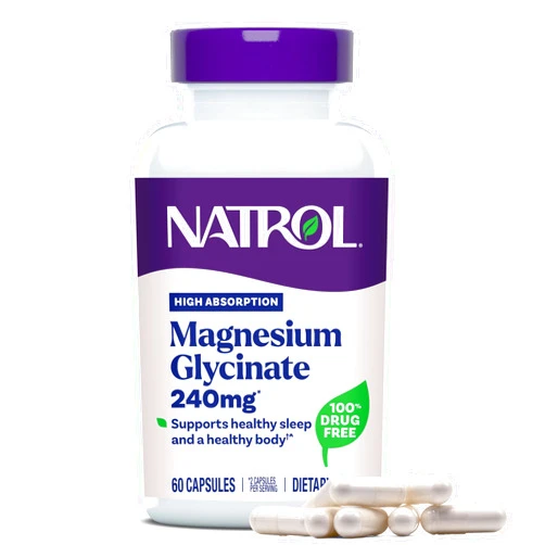 Natrol Magnesium Glycinate Supplements 240 mg - High Absorption - Calm Magnesium Glycinate for Sleep - 60 Capsules, 30 Day Supply