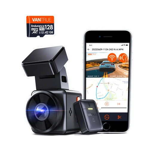 VANTRUE 【Bundle: Vantrue E1 2.7K WiFi Mini Dash Cam+ Vantrue 128GB microSD Card】Vantrue E1 2.7K WiFi Mini Dash Cam, Voice Control Front Car Dash Camera with GPS&Speed, Super Night Vision,24 Hours Parking Mode